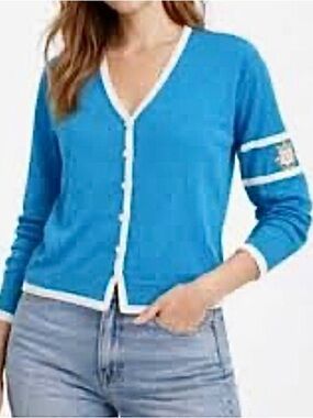 St. John Sport knit cardigan sweater Turquoise white stripe Womens S Preppy